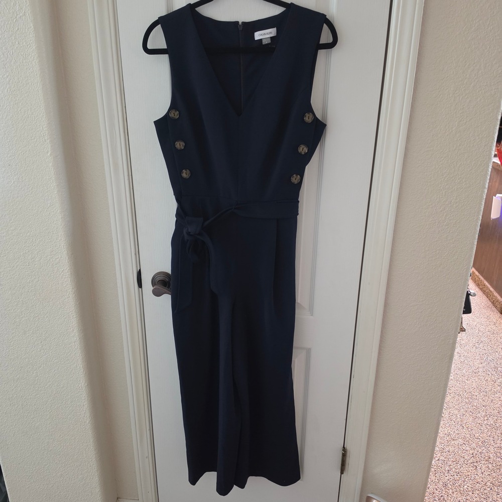 Calvin Klein Navy Blue V-Neck Wide Leg Jumpsuit with Tie Waist Size 8